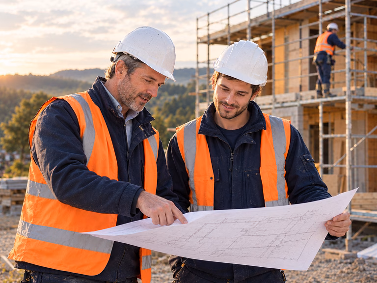 Deux artisans en gilet orange étudient un plan devant un chantier de maison