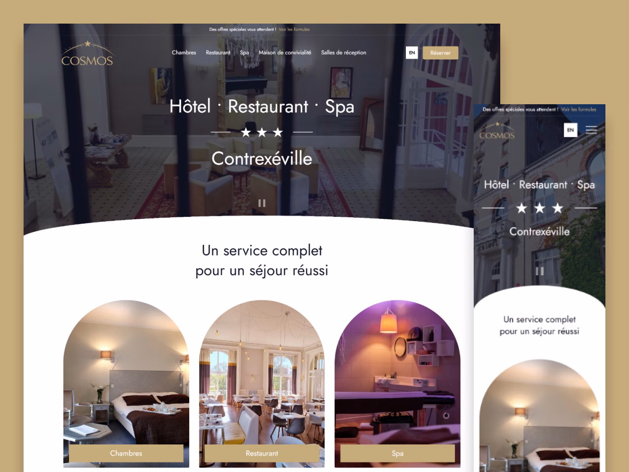 Nouveau site de l'Hôtel Cosmos Contrexéville affiché sur ordinateur et mobile